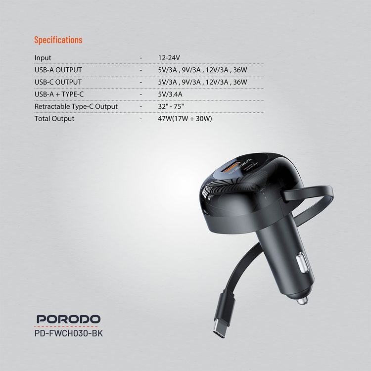 Porodo Dual Port Car Charger with 80cm Retractable Type-C Cable, Simultaneous Charging, Universal Compatibility, 47W Total Output Power - Black