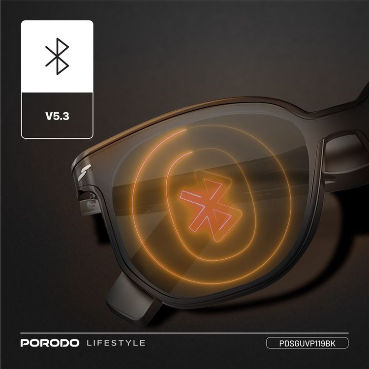 Porodo Lifestyle Optix Smart Glasses with Audio, Built-in Microphone, 6 Hours Playtime, Type-C Charging Interface, UV400 Protection, Bluetooth Version 5.3, 10m Transmission Range, 2x 110mAh Battery Capacity, Touch Control, Dual Stereo Speakers, Hi-Fi Sound Quality - Black