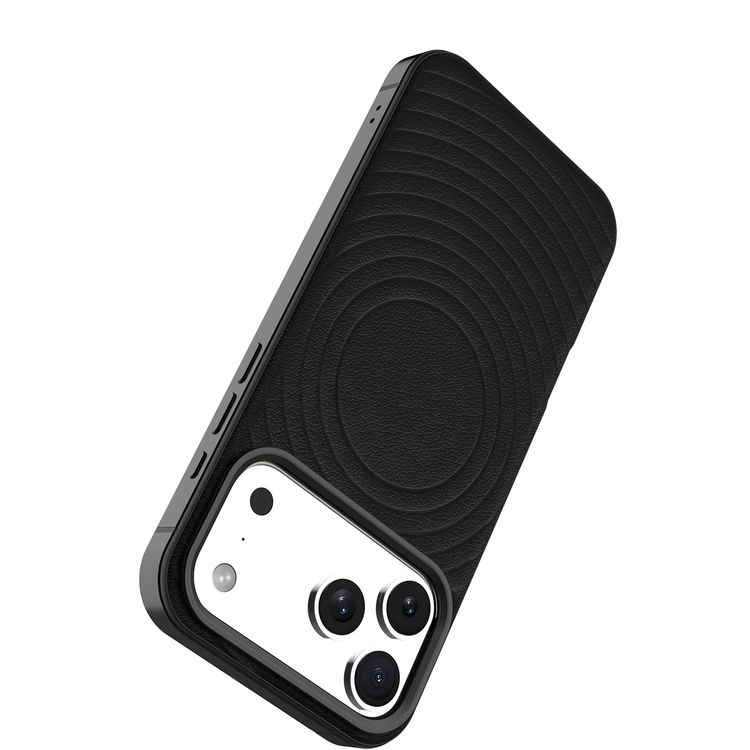 Levelo Spirale PU Leather Hybrid Case for iPhone 17 Pro Max, MagSafe Compatible & Strong Magnets, Impact-Resistant, Shock-Resistant Bumper, Aluminum Alloy Frame for Camera & Edges, Drop-Tested - Phantom Black