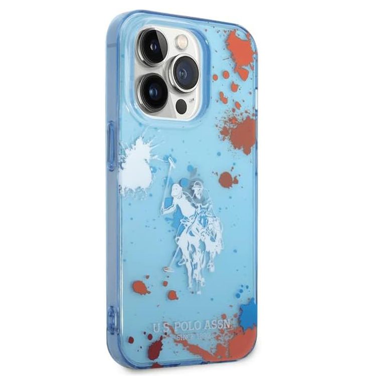 USPA PC/TPU Case with Splatter Pattern & Horse Logo iPhone 14 Pro Max Compatibility - Blue