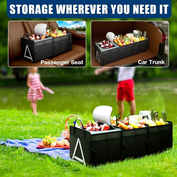 Green Lion Car Trunk Organizer 80L, Foldable Design, High Quality Material, Durable Buckles, Mesh Pockets, Sturdy Handles - Black