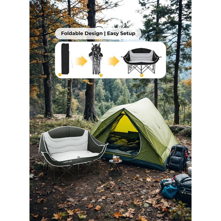 Green Lion Double Camping Chair, 600D Oxford Fabric + Steel Pipe Material, Camping Friendly, Safety Lock, Foldable Design, Easy Setup, Juice Glass Holders  - Gray / Black