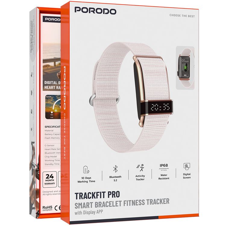 Porodo Trackfit Pro Smart Bracelet Fitness Tracker with Display App, 10 Days Working Time, 145mAh Battery, IP68 Water Resistance Level, Activity Tracker, Health Monitoring, Magnetic Charging - Pink