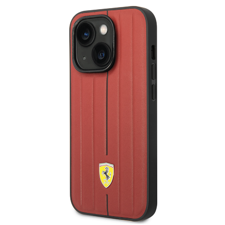 Ferrari Leather Case With Embossed Stripes & Yellow Shield Logo - iPhone 14 - Red