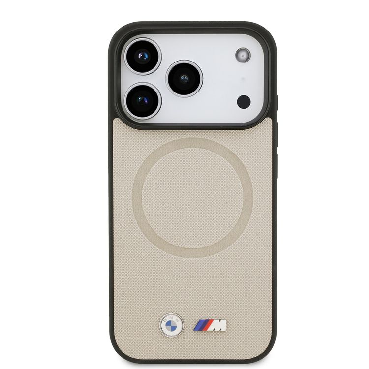 غطاء جلد ملفوف بالكامل من BMW MagSafe مع شعارات معدنية لهاتف iPhone 17 Pro Max، تغليف مستدام، تصميم سهل التركيب، شكل نحيف، حماية من السقوط - رمادي