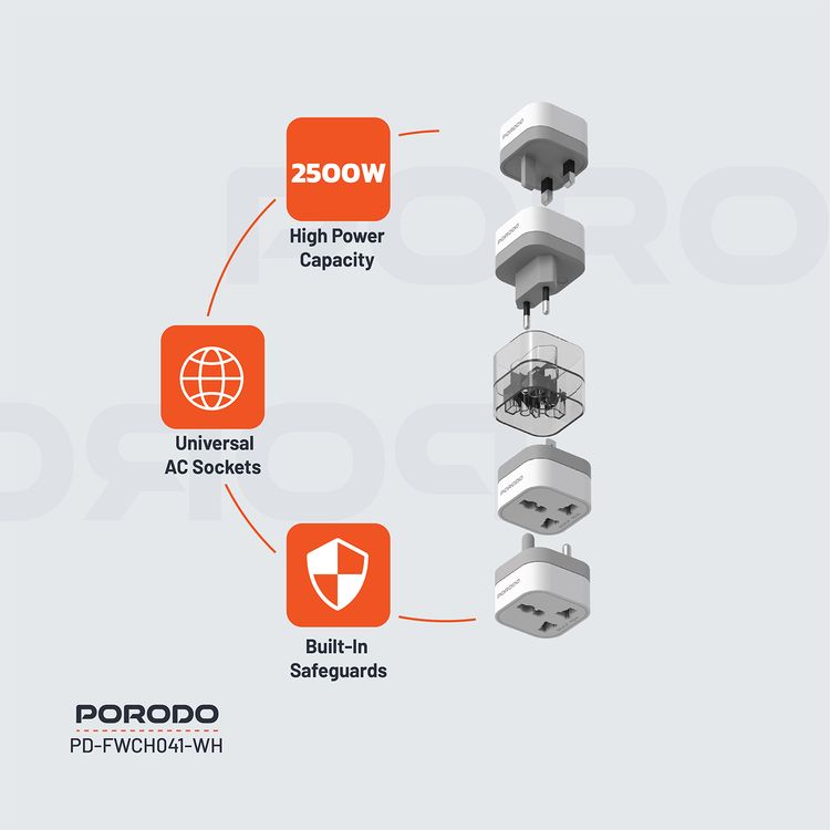 Porodo 150+ Countries Universal AC Adapters with UK, US, SA & EU Plugs, Portable & Multi-Functional Design, PC Material, 2500W High-Power Capacity, Built-in Safeguards - White