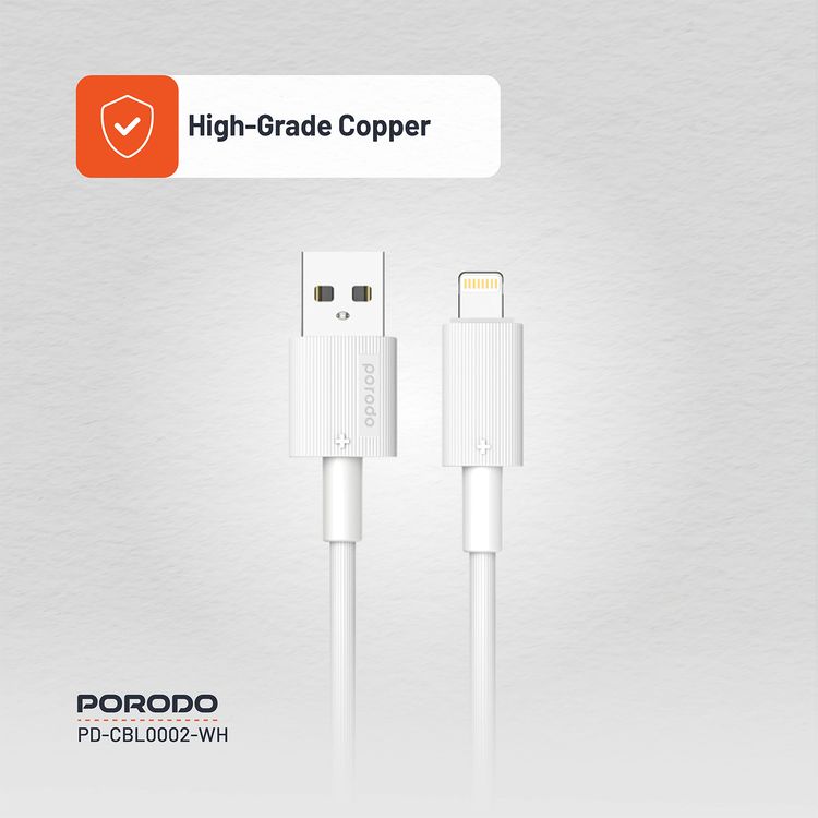 كابل USB A إلى Lightning PVC من Porodo، 480 ميجابايت في الثانية، تيار 2.4 أمبير، عمر افتراضي يزيد عن 15000 ثنية، طول الكابل 1.2 متر، خالٍ من التشابك - أبيض