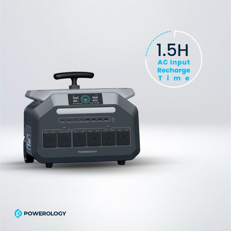 Powerology Solar Input Portable Generator 2400W, PD 100W, 600000mAh, 1.5h Charging Time, 3 DC Outputs, 4 AC Sockets, UK 3 Pin Plug - Black