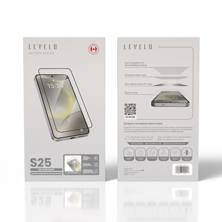 Levelo 2.5D Silk Print HD Clear Glass for Samsung Galaxy S25, High Silicone Aluminum, 0.25mm Ultra Thin, Scratch-Resistant, Oleophobic & Hydrophobic Coating, Instant Fingerprint Unlock, Air Bubble Prevention, Explosion- Proof, Auto-Exhaust - Clear