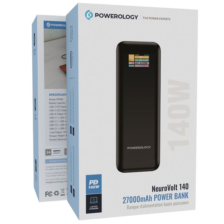 Powerology NeuroVolt 140 Power Bank with 27000mAh Capacity, USB-A & Dual USB-C Ports, 140W Power Delivery, Fire-Proof Material, Simultaneous Charging, Built-in Safeguards, Digital Display, Fast Charge - Black