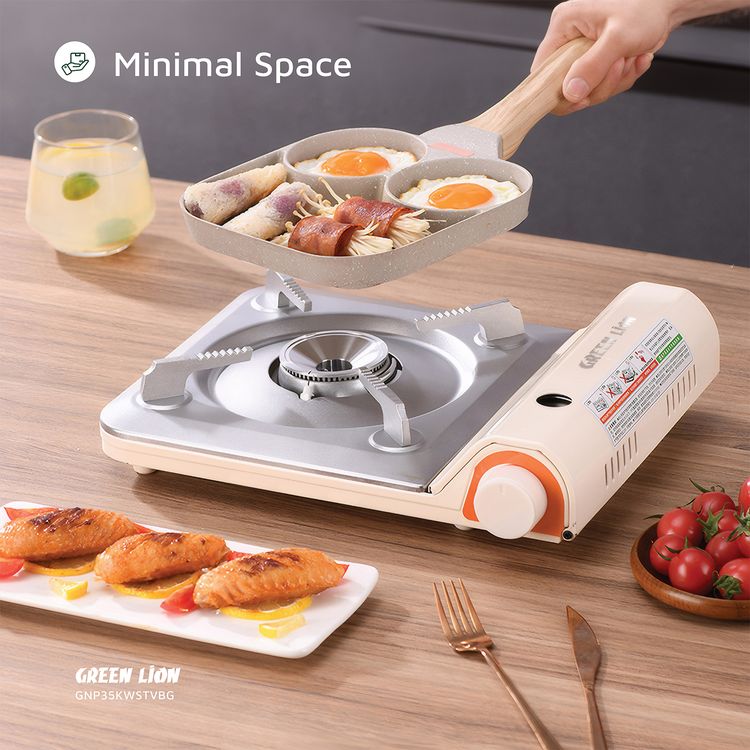 اجاق گاز در فضای باز قابل حمل شیر سبز 3.5 کیلووات، آهن + آلومینیوم + مواد PP، نوع گاز بوتان، جرقه زنی الکترونیکی، خاموش شدن ایمنی، کنترل شعله - بژ