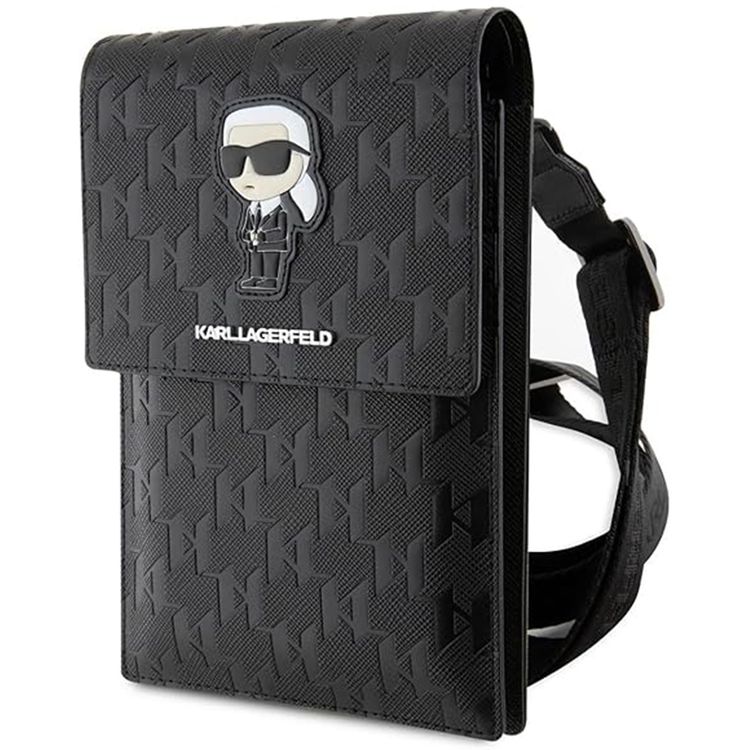 Karl Lagerfeld Saffiano Mono Ikonik Wallet with NFT Logo, Adjustable Shoulder Strap, Multiple Compartments, 3 Card Slots, Water Resistant - Black