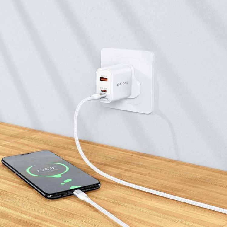 Porodo Triple Port PD QC Lightning 30W Charger UK Plug - White