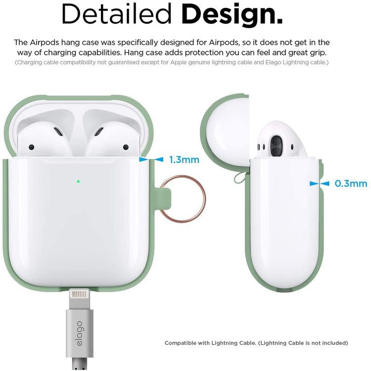 Elago Silicone Case with Anti-Lost Keychain Compatible with Apple AirPods 1/2 Wireless Charging Case, Front LED Visible, Anti-Slip Coating Inside, Premium Silicone - Pastel Green