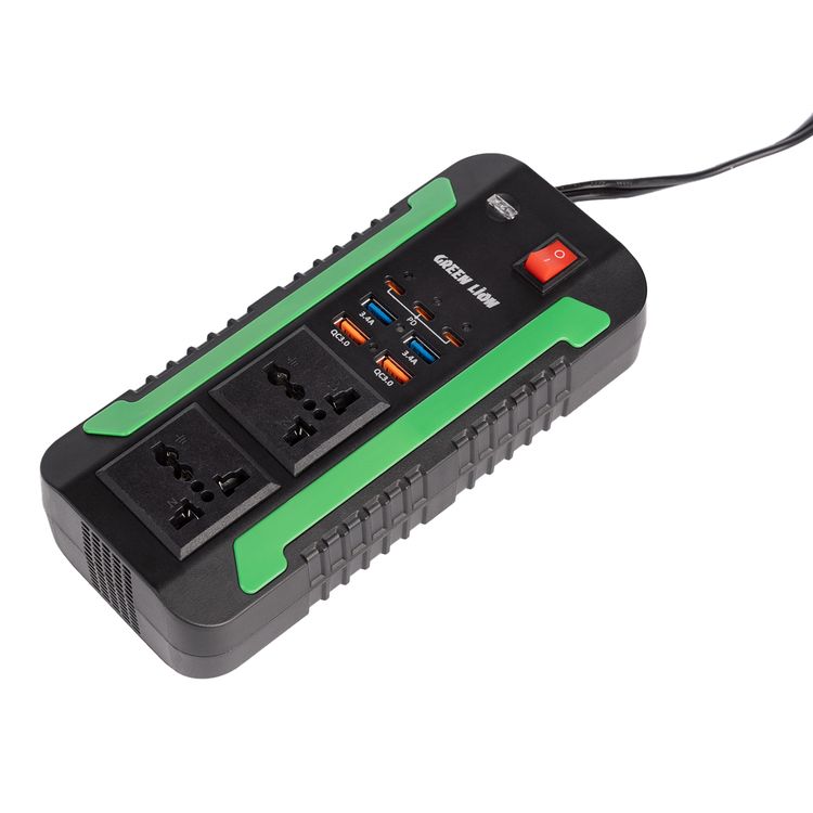 محول طاقة Green Lion Spark 300، 2 مقبس تيار متردد، 3 منافذ PD من النوع C، 4 منافذ USB-A، طاقة قصوى 300 وات، حماية من الجهد العالي - أسود
