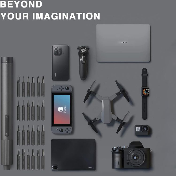 مفك البراغي الكهربائي من شاومي بدقة مع عزم دوران قابل للتعديل بسرعتين، وبطارية ليثيوم 350 مللي أمبير في الساعة، ووقت شحن من 160 إلى 200 دقيقة، ومنفذ شحن USB-C، و13 اختبار أمان للبطارية و3 وظائف أمان للشحن، وعلبة تروس معدنية بالكامل - باللون الرمادي.