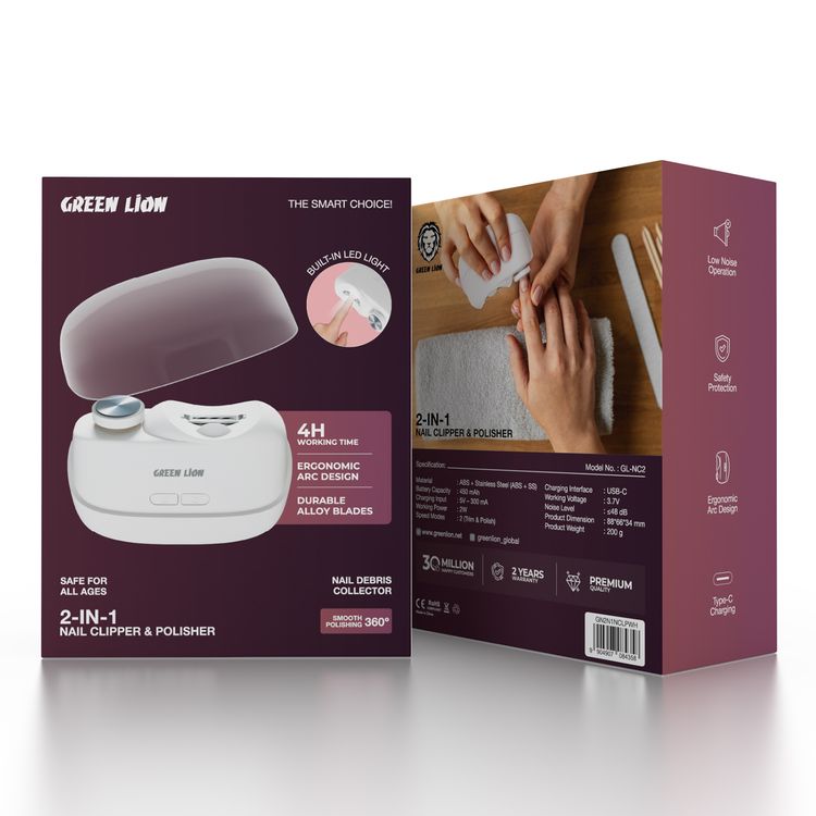 Green Lion 2-In-1 Nail Clipper and Polisher with Durable Alloy Blades, 360° Smooth Polishing, Nail Debris Collector, Built-in LED Light, Ergonomic Arc Design, Safety Protection, 2 Speed Modes, Low Noise Operation - White