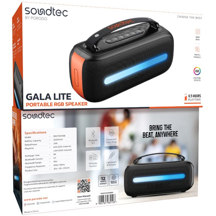Porodo Soundtec Gala Lite Portable RGB Speaker with Wireless Microphone, Up to 6.5 Hours Play Time, FM Radio Function, Multi-Function Control, 24W Rated Power, 3600mAh Battery, Immersive Stereo Sound, Bluetooth Version 5.3 - Black