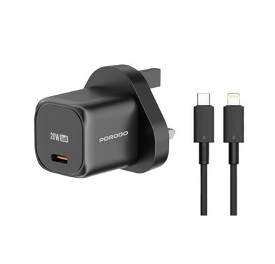 Porodo PD 20W USB-C Power Delivery GaN Wall Charger with USB-C to Lightning Cable, Over-Heat Protection, Universal Compatibility, Portable & Travel Friendly - Black