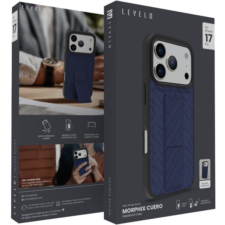 Levelo Morphix Cuero GripStand Case for iPhone 17 Pro, Raised Bezels for Camera & Screen, Shock-Resistant Bumper, Secure Hold, Horizontal & Vertical Viewing - Midnight Blue