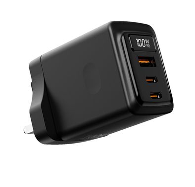 Porodo GaN Wall Charger with Single USB-A & Dual USB-C Ports, 100W Power Delivery, Built-in Safeguards, Fast Charge Support, Multiple Device Charging, Digital Display - Black