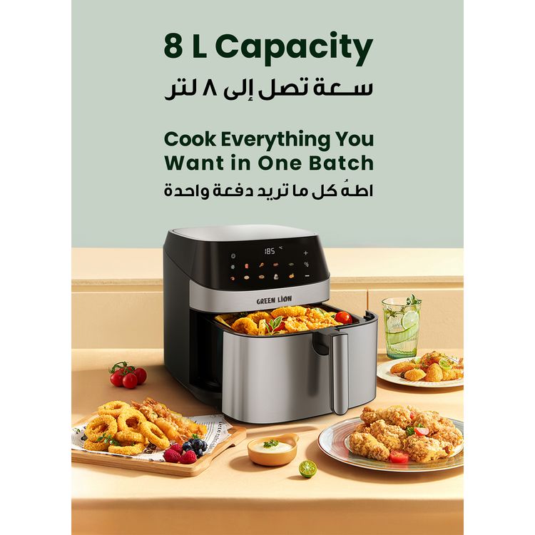 Green Lion Deluxe Air Fryer with LED Touch Screen, 8L Capacity, Up to 60 Minutes Frying Time, 10 Preset Programs, Rapid Air Circulation, 2200W Power, Non-Stick Coating - Black