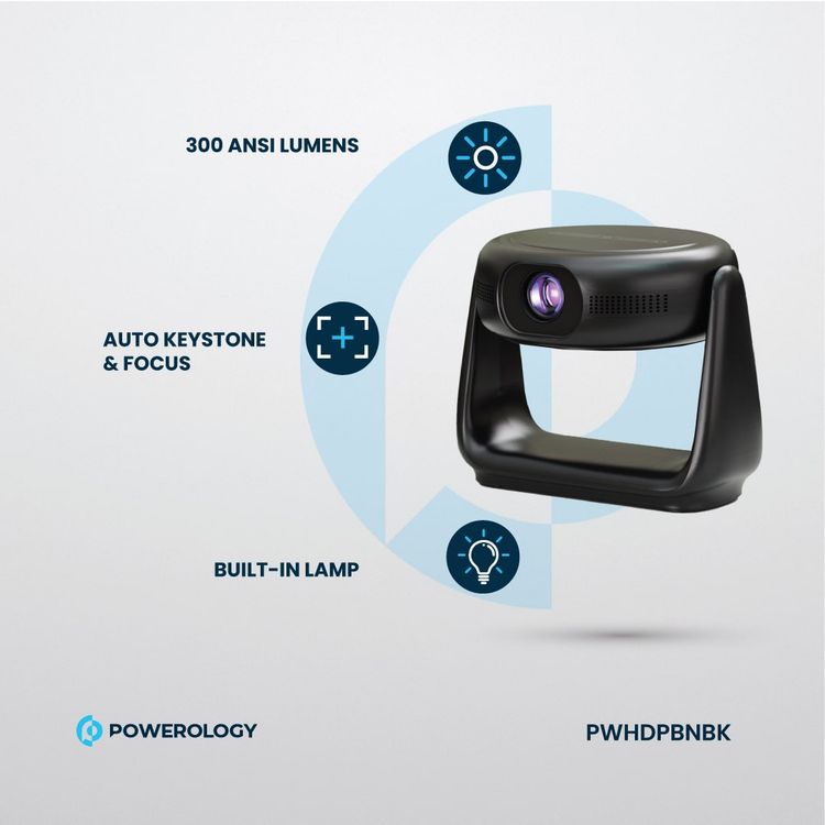 Powerology Rotating Stand Portable Projector, Auto Keystone & Focus, Built-in Lamp, Android 11.0, Bluetooth 5.0, Airplay & Miracast, 5200mAh Battery Capacity, 1GB DDR3 RAM - Black