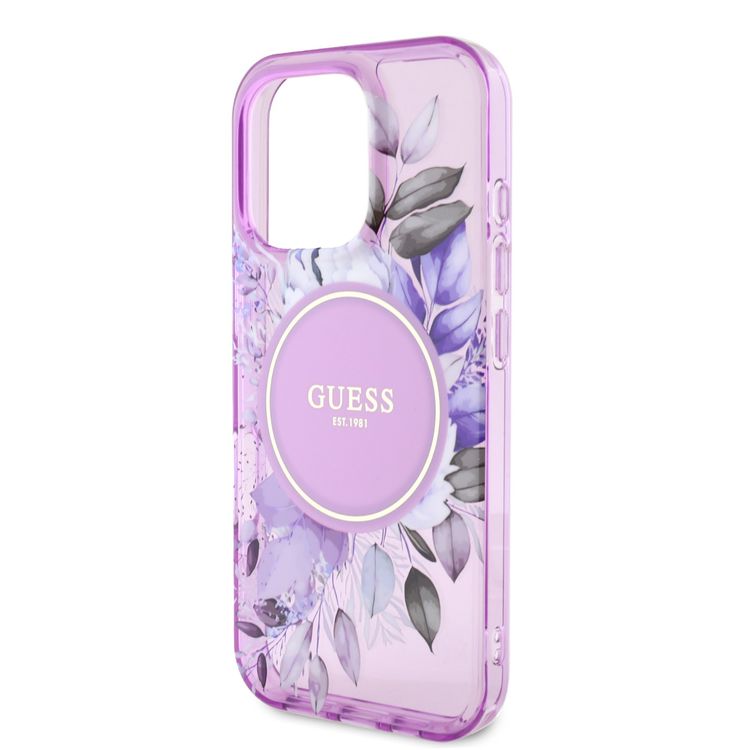 Guess Magsafe IML Transparent Hard Case with Flower Design & Tonal Circle Logo for iPhone 16 Pro, Lightweight, High Quality Material - Purple