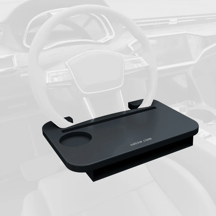 Green Lion Multi-Functional Steering Wheel Tray, 2kg Weight Capacity, Compatible with Circular Steering Wheels (35-42mm), Dual-Mount Design, Gap Storage Box, Easy Cleaning & Installation, Stable Dining Tray, Laptop Workstation, Tablet Slot & Cup Holder – Black