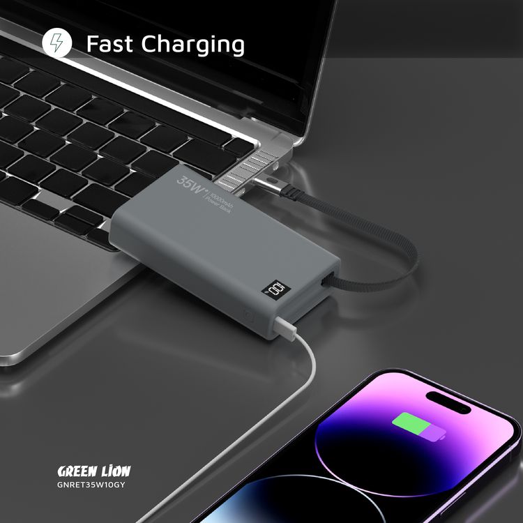 باور بانك جرين ليون بقوة 10000mAh قابل للسحب مع توصيل طاقة 35 واط، شاشة LED، طول كابل 75 سم، منفذ Type-C، دعم للشحن السريع - رمادي