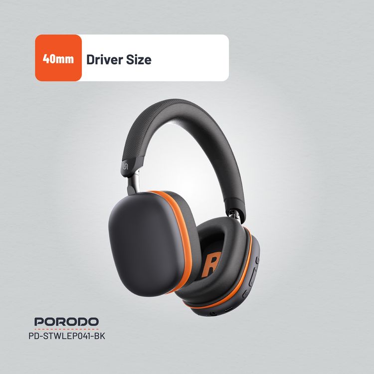 Porodo Soundtec Vibe Wireless Headphones with 36 Hours Play Time, Bluetooth Version 5.3, 2.5 Hours Charging Time, Type-C Charging Port - Black