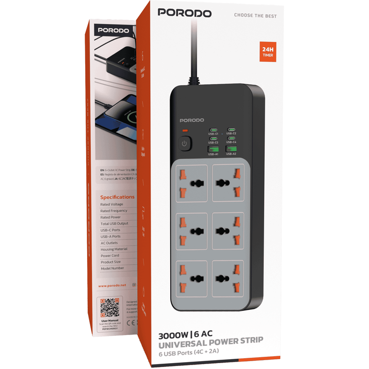 Porodo 3000W Universal Power Strip with 6×AC Sockets, 4×Type-C & 2×USB-A Ports, Safety Power Switch, 24-Hour Timer, Built-in Surge Protection, Fireproof PC Material, UK 3-Pin Plug with 3m Cord Length, Multi-Device Charging - Gray