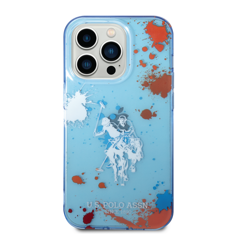 USPA PC/TPU Case with Splatter Pattern & Horse Logo iPhone 14 Pro Compatibility - Blue