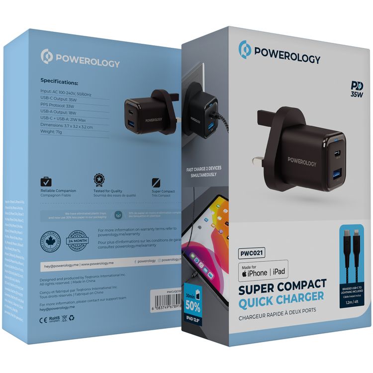 Powerology Super Compact Quick Charger with USB-C To Lightning Braided Cable, 35W Power Delivery, Simultaneous Fast Charging, Lightweight & Portable - Black