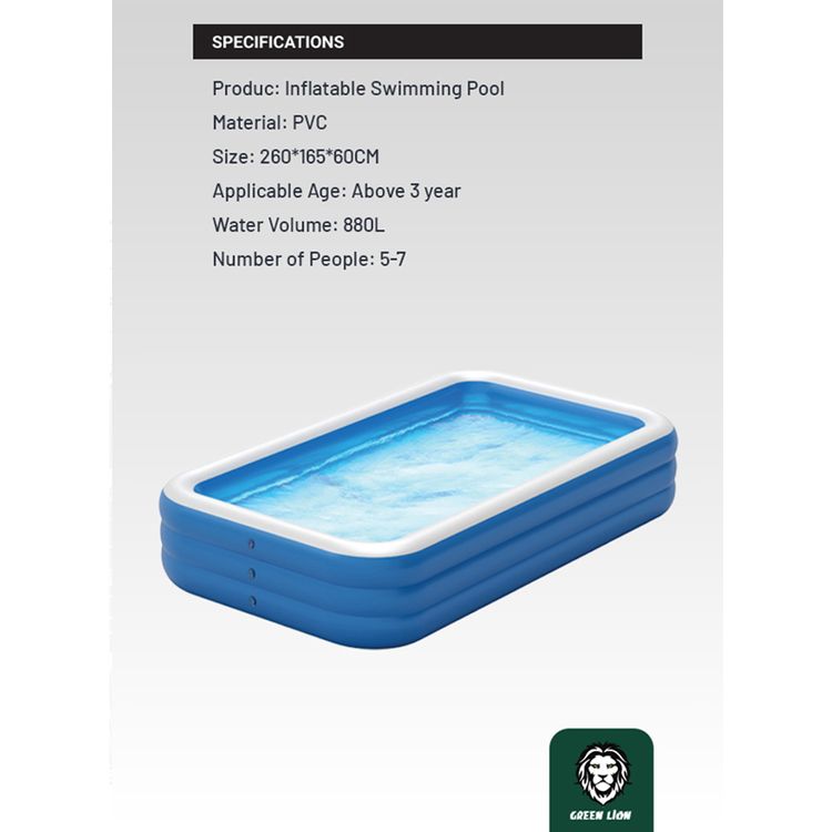 Green Lion Inflatable Swimming Pool with 880L Water Capacity, Small, PVC, Fits 5-7 People, Suitable for 3+ Years Old, Sun Protection, Force Support, Odorless - Blue