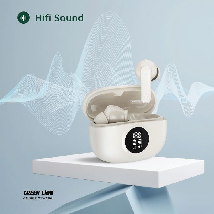 Green Lion Orlando True Wireless Earbuds with Digital Display, HiFi Sound, Built-in Microphone, Voice Assistant, 4.5 Hours Playtime, Type-C Charging - Beige