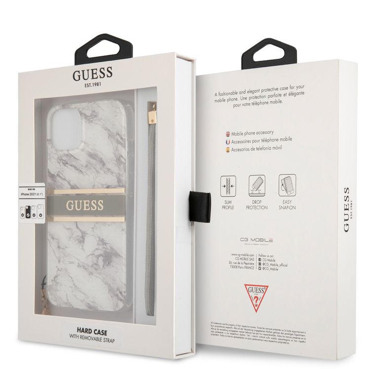 CG MOBILE Guess PC/TPU Case Marble Design & Stripe with Anti-Lost Nylon Strap for iPhone 13 (6.1") Shock Absorption & Drop Protection Suitable with Wireless Chargers Officially Licensed Gray