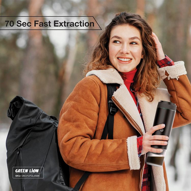 آلة صنع القهوة جرين ليون CAFFEX بقدرة 72 واط، خزان مياه بسعة 80 مل، استخراج ساخن بدرجة حرارة 90°C، استخراج سريع في 70 ثانية، شحن عبر Type-C، سعة البطارية 7500 مللي أمبير - أسود