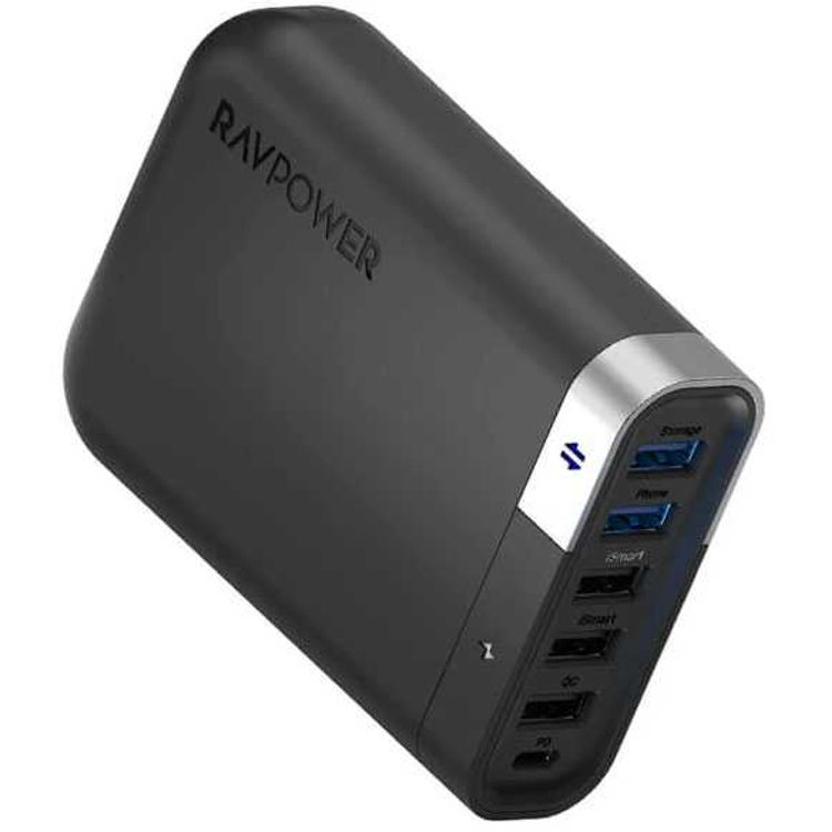 RAVPower 6-Port USB Charger Filehub 60W QC 3.0 with USB-C 24W PD Fast Charging - Backup Function - iSmart Port - USB Charging Station Filehub Compatible for Phone & Tablet - Black