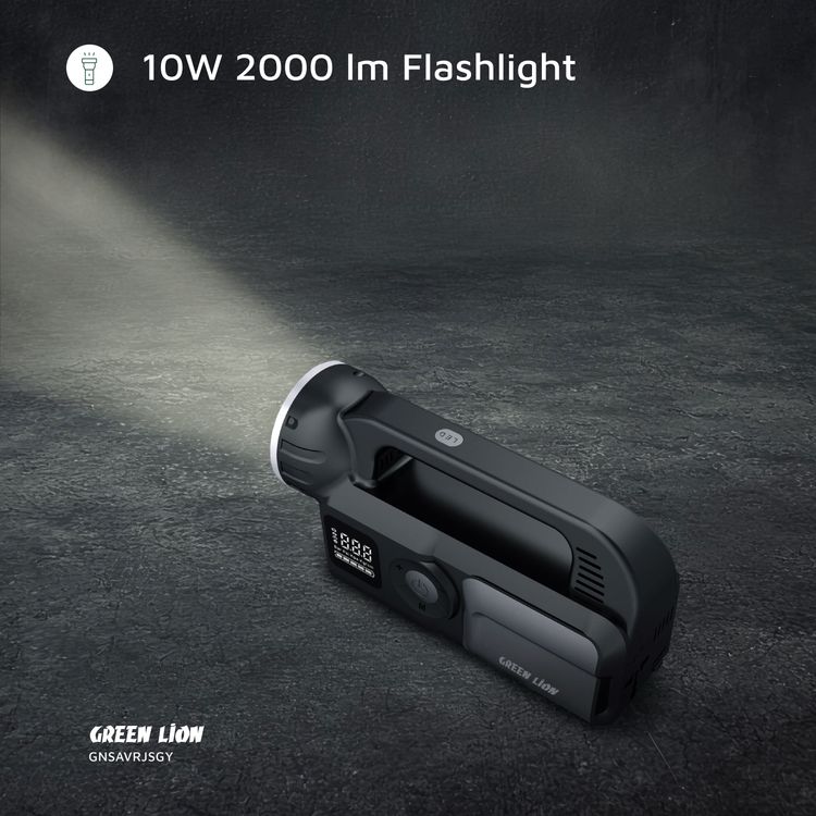 منقذ الأسد الأخضر مشغل بدء التشغيل 12V بسعة بطارية 24000 مللي أمبير، مصباح يد بقدرة 10 واط و2000 لومن، منفذي USB-A، منفذ Type-C، حماية متعددة، سيارات البنزين ذات المحرك 12V/8L - رمادي