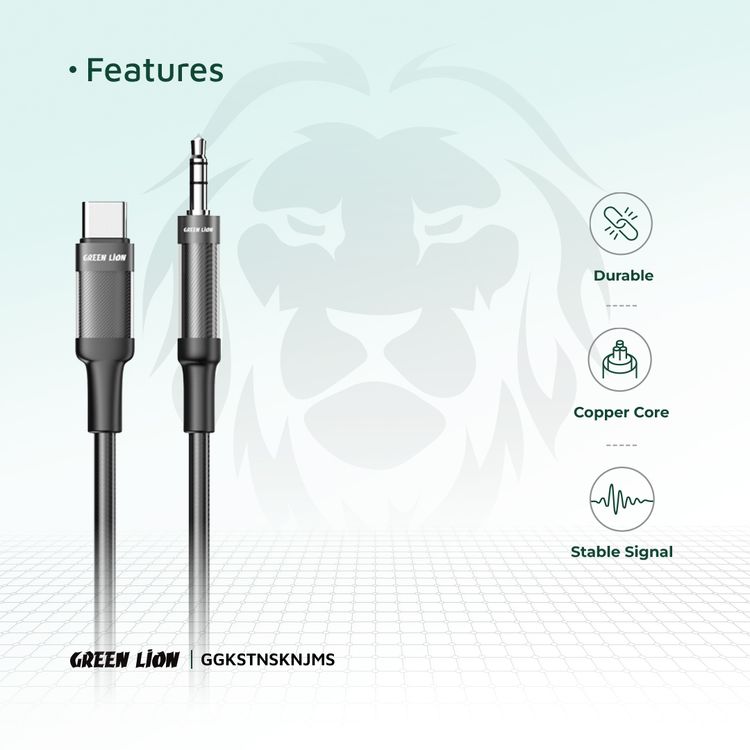 Green Lion USB-C to AUX Braided Cable with 10000 Bends Lifespan, 1m Cable Length, Stable Signal, Copper Core, Transparent + Braided - Black