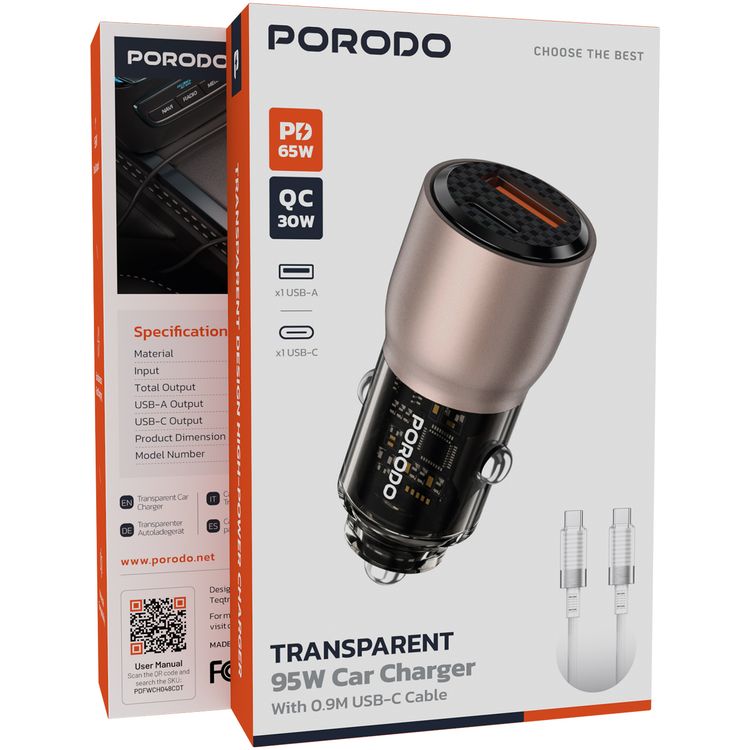  Porodo 95W Transparent Car Charger with 90cm USB-C to USB-C Cable, Zinc Alloy & PC Material, 30W USB-A & 65W USB-C Outputs, Simultaneous Fast Charging, Universal Compatibility - Desert Titanium