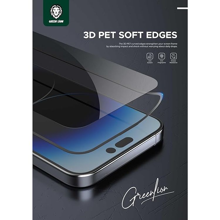 Green Lion 3D PET Pro Screen Protector for iPhone 15 Pro, Bubble Free, Blocked Side Viewing, Highly Responsive, Crystal Clear, Anti Fingerprint - Black