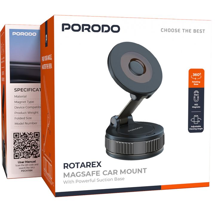 Porodo Rotarex MagSafe Car Mount with Powerful Suction Base, 360° Rotating Base, 20 × N52 Magnets, Compatible with 4"-7" Devices, Multi-Surface Mounting, Powerful Suction, Adjustable Viewing Angle - Black