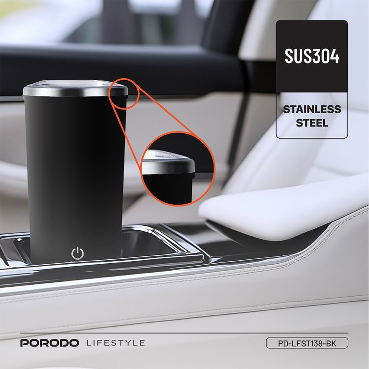 كوب بورودو لايفستايل المعزول ذو التحريك التلقائي بسعة 400 مل، قاعدة مانعة للانزلاق، سعة بطارية 300 مللي أمبير، وقت خلط 120 ثانية مع توقف تلقائي - أسود