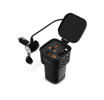 Porodo DriveStation 200W Car Power Inverter with Real-Time Voltage Display, Travel-Ready Design, Built-in Protections, 200W Power Output, 30W Power Delivery, Built-in Smart Cooling Fan - Black