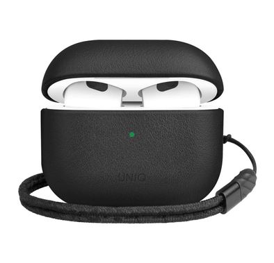 Uniq Terra Geniune Leather Airpod Case with Braided Wrist Strap, Wired and Wireless Charging, Inner Microfiber Lining - Dallas Black
