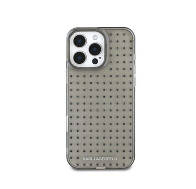 Karl Lagerfeld IML Transparent Hard Case with Allover Studs for iPhone 16 Pro Max, Printed Logo Design - Clear Black 