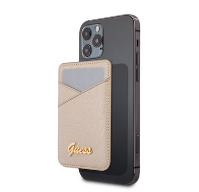 CG MOBILE Guess Saffiano Script Wallet Cardslot with Magsafe for iPhone 12 Pro Max, 12/12 Pro, 12 Mini, Magnetic Wallet Card Holder, Phone Back Slot Wallet Card Case Officially Licensed Gold
