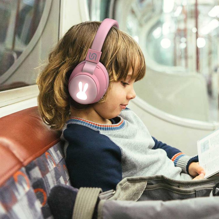 Porodo Soundtec Kids Rabbit Wireless Headphones with Clear Sound, Superior Microphone, LED Lights, Up to 30 Hours Playtime, 10m Bluetooth Range - Pink